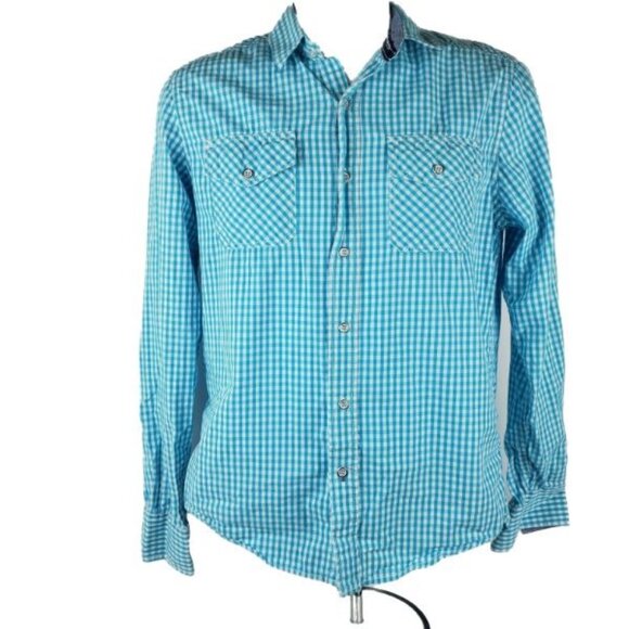 Sunday Work Clothes Button Front Shirt Mens Size Small Blue Gingham Flip Cuff - Picture 2 of 6